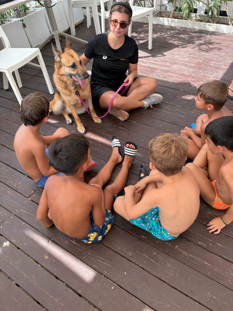 Il team di amiciperlezampe durante una dimostrazione di corretta relazione e approccio tra cane e bambini.